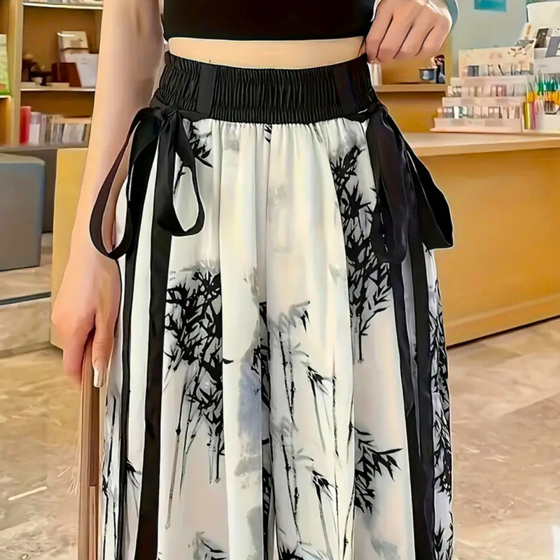 Damen Weite Hose mit Bambusmuster und Kordelzug-Luzern Mode