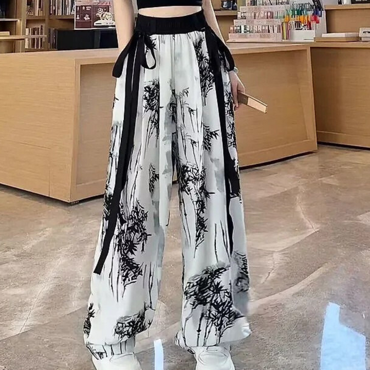 Damen Weite Hose mit Bambusmuster und Kordelzug-XS-Luzern Mode