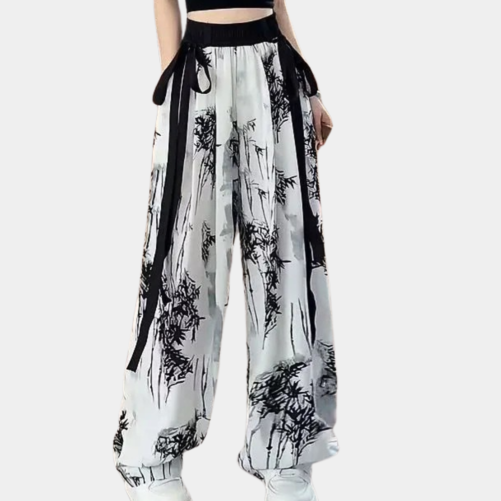 Damen Weite Hose mit Bambusmuster und Kordelzug-Luzern Mode
