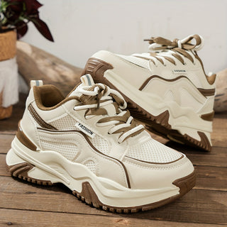 Damen Sneakers | Hohe Sohle | Halbhoch | Schnürverschluss | 2-Farbig-Beige-35-Luzern Mode