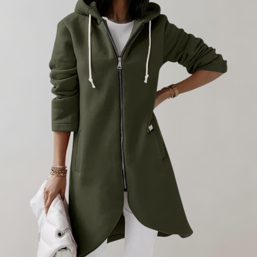 Langer Damen Kapuzenpullover mit Reißverschluss und Taschen-Grün-S-Luzern Mode