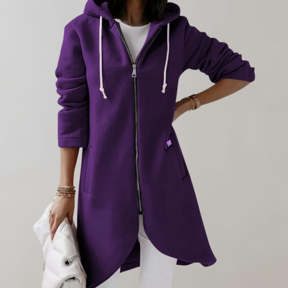 Langer Damen Kapuzenpullover mit Reißverschluss und Taschen-Lila-S-Luzern Mode