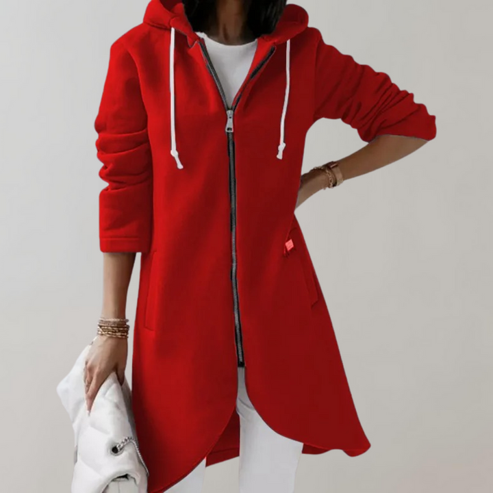Langer Damen Kapuzenpullover mit Reißverschluss und Taschen-Rot-S-Luzern Mode