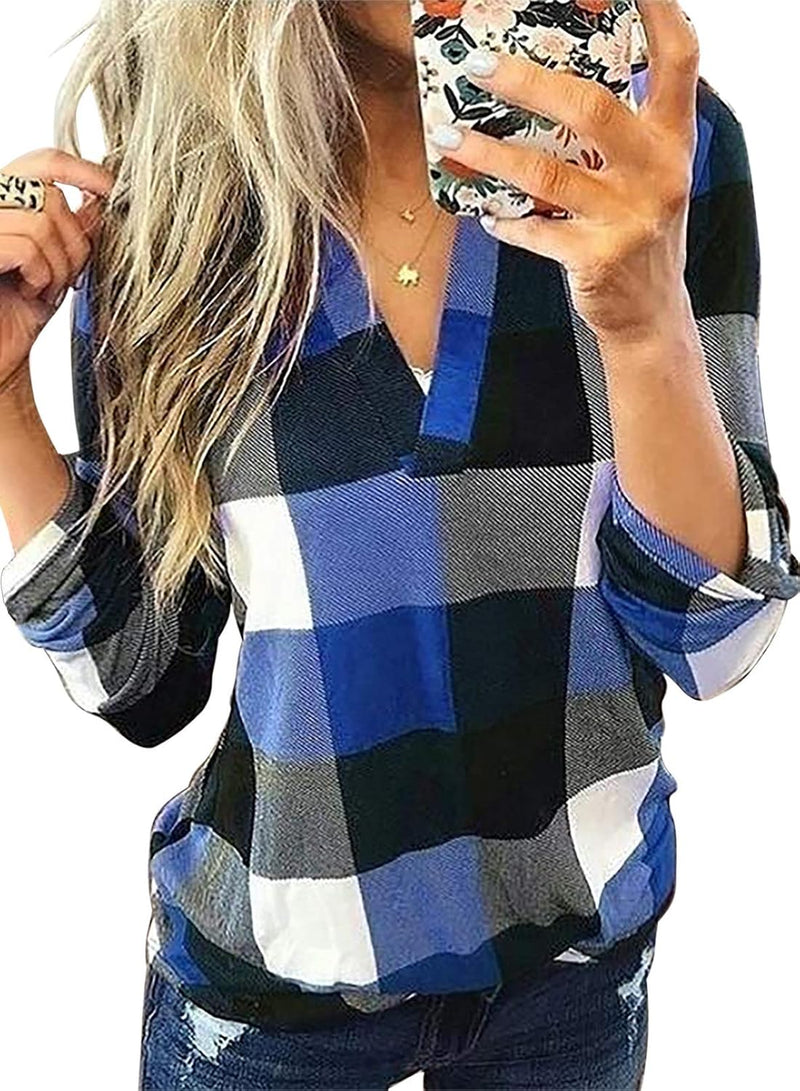 Damen Karo-Bluse Langarm Freizeit Hemd kariert Rückseite-Blau-S-Luzern Mode