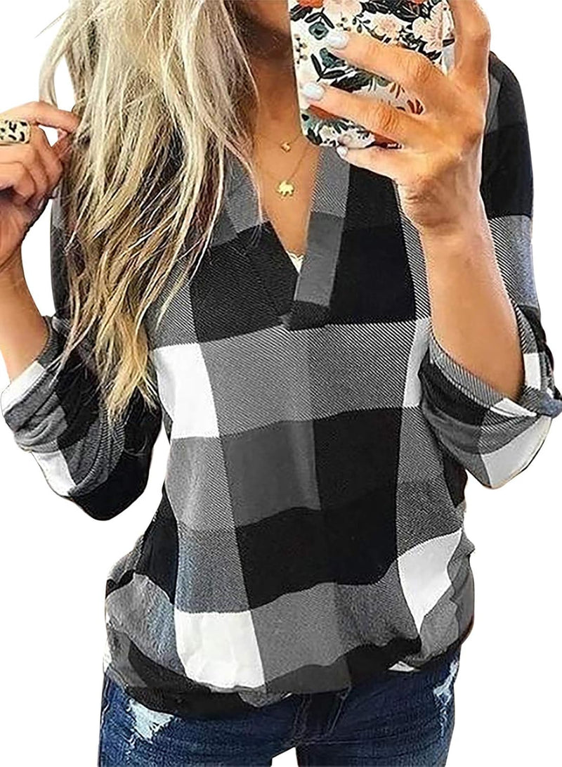 Damen Karo-Bluse Langarm Freizeit Hemd kariert Rückseite-Grau-S-Luzern Mode