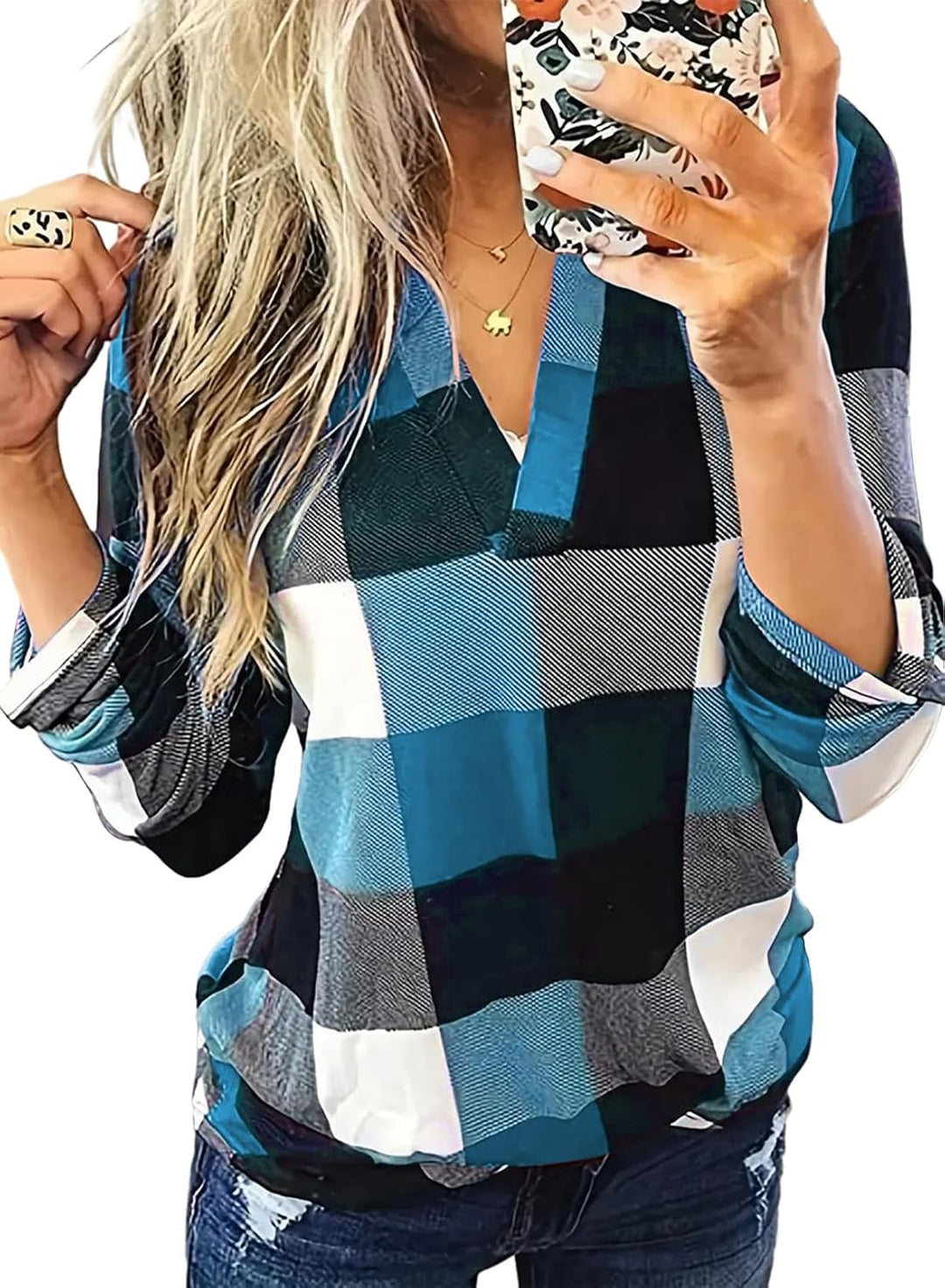 Damen Karo-Bluse Langarm Freizeit Hemd kariert Rückseite-Hellblau-S-Luzern Mode
