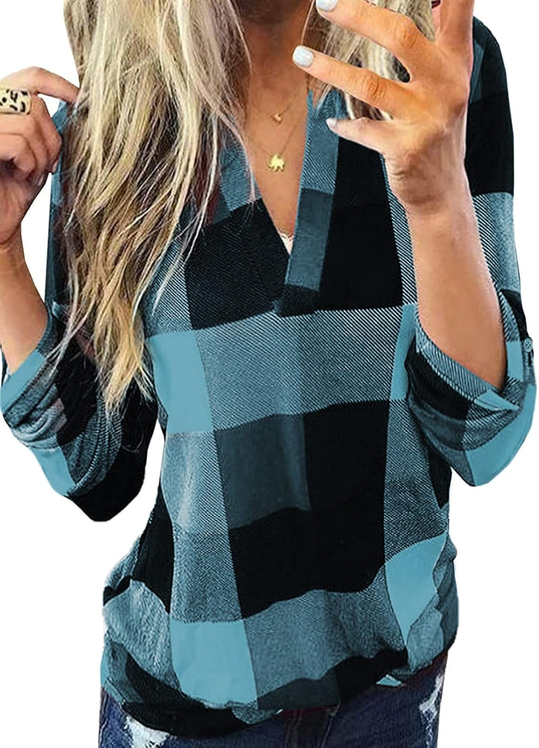 Damen Karo-Bluse Langarm Freizeit Hemd kariert Rückseite-Hellblau/Schwarz-S-Luzern Mode