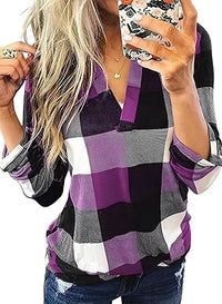 Damen Karo-Bluse Langarm Freizeit Hemd kariert Rückseite-Lila-S-Luzern Mode