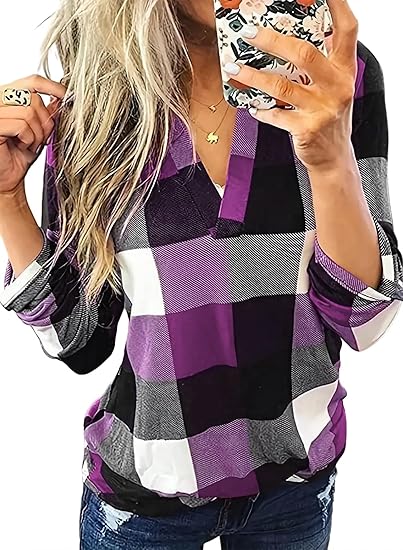 Damen Karo-Bluse Langarm Freizeit Hemd kariert Rückseite-Lila-S-Luzern Mode