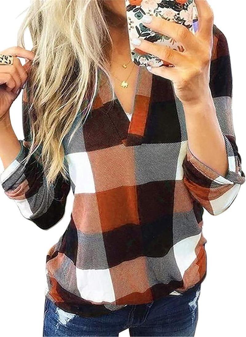 Damen Karo-Bluse Langarm Freizeit Hemd kariert Rückseite-Orange-S-Luzern Mode