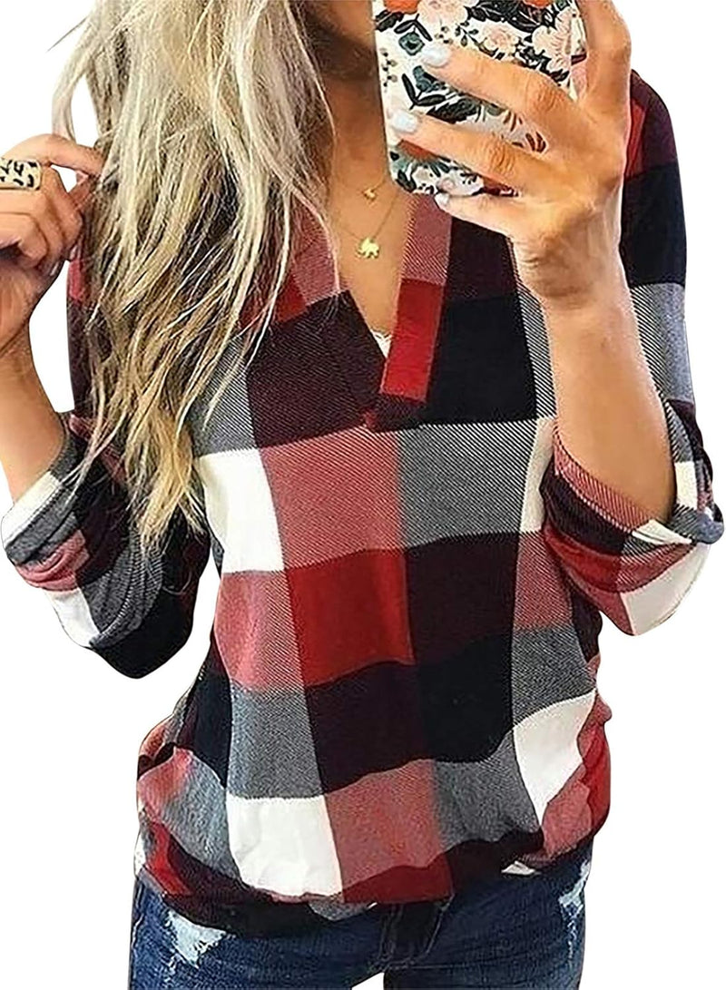 Damen Karo-Bluse Langarm Freizeit Hemd kariert Rückseite-Rot-S-Luzern Mode