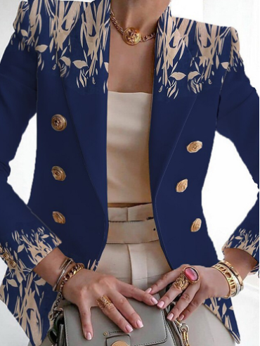 Damen Blazer mit Goldknöpfen und floralem Muster-Dunkelblau-S-Luzern Mode