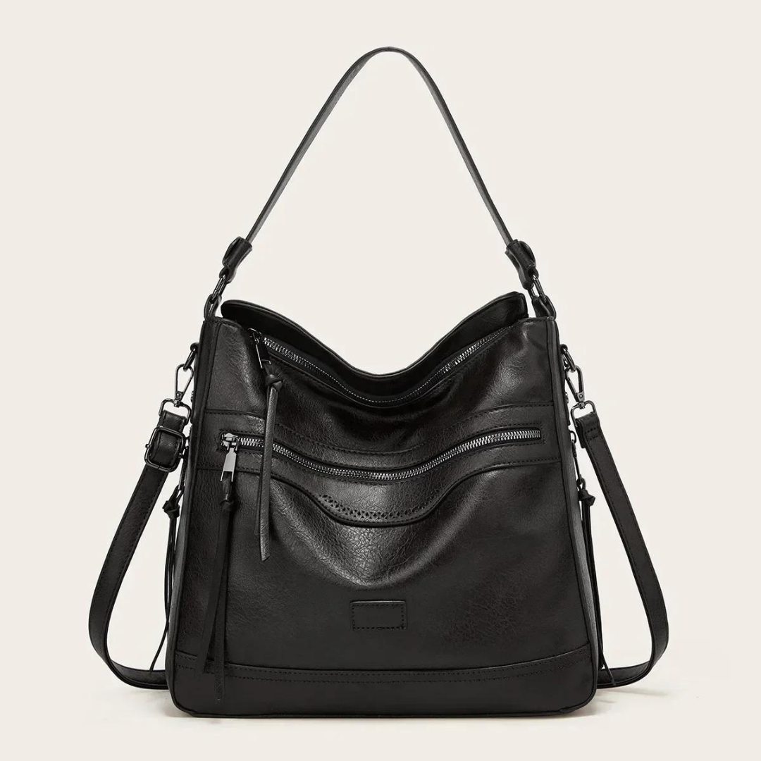 Damen Lederhandtasche mit Reißverschluss und Schulterriemen-Schwarz-Luzern Mode