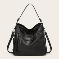 Damen Lederhandtasche mit Reißverschluss und Schulterriemen-Schwarz-Luzern Mode