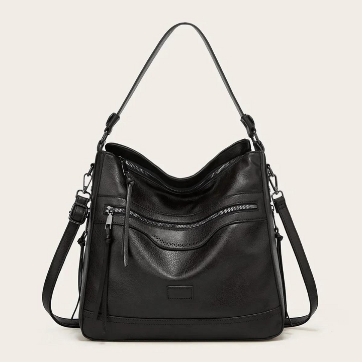 Damen Lederhandtasche mit Reißverschluss und Schulterriemen-Schwarz-Luzern Mode