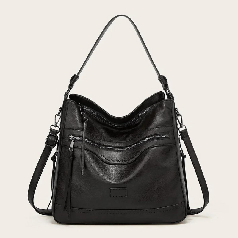Damen Lederhandtasche mit Reißverschluss und Schulterriemen-Schwarz-Luzern Mode
