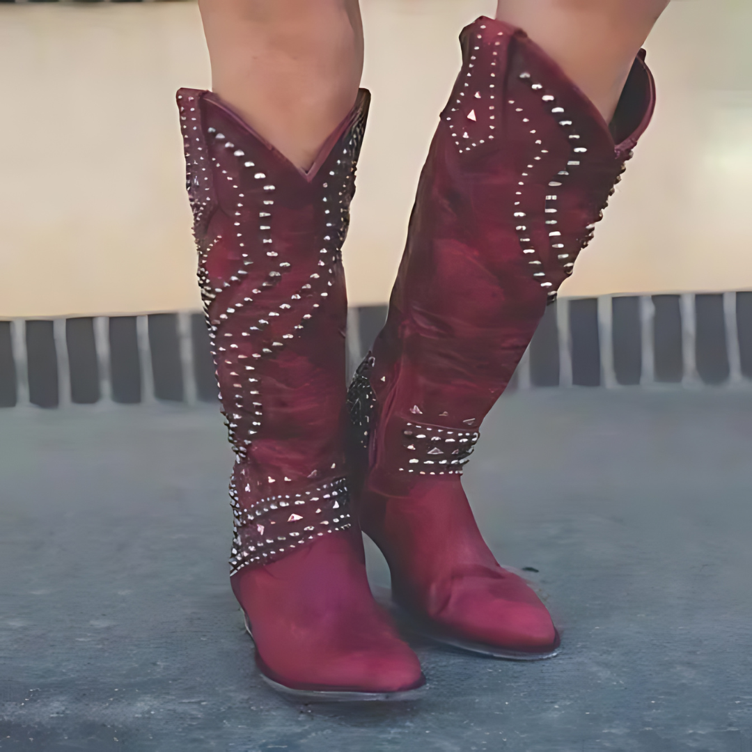 Damen Stiefel mit Nieten - Westernstil Lederstiefel-Bordeauxrot-34-Luzern Mode