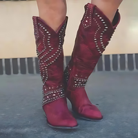 Damen Stiefel mit Nieten - Westernstil Lederstiefel-Bordeauxrot-34-Luzern Mode