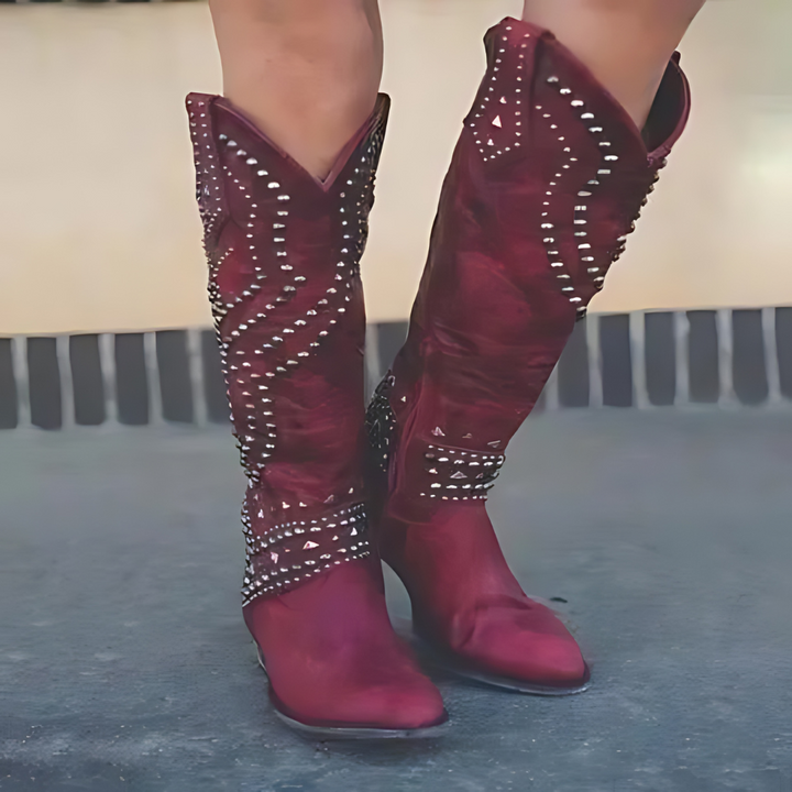 Damen Stiefel mit Nieten - Westernstil Lederstiefel-Bordeauxrot-34-Luzern Mode