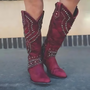 Damen Stiefel mit Nieten - Westernstil Lederstiefel-Bordeauxrot-34-Luzern Mode