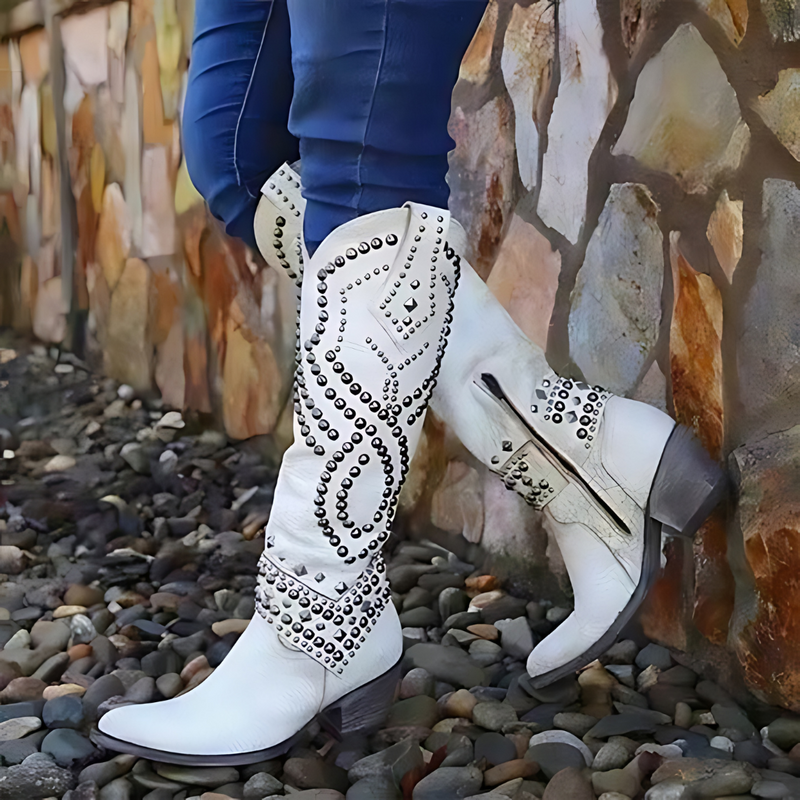 Damen Stiefel mit Nieten - Westernstil Lederstiefel-Weiß-34-Luzern Mode