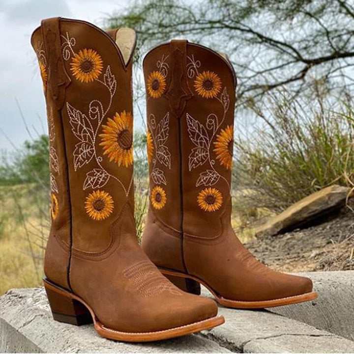 Cowboystiefel mit Sonnenblumenstickerei für Damen-Braun-35-Luzern Mode