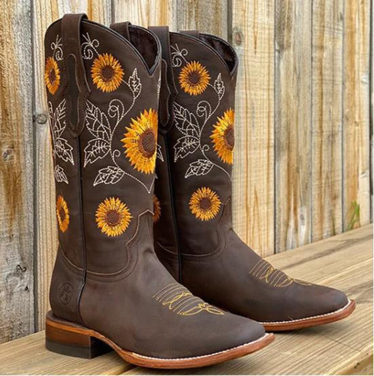 Cowboystiefel mit Sonnenblumenstickerei für Damen-Dunkelbraun-35-Luzern Mode