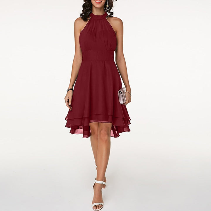 Midi-Kleid mit Rüschen | Hoher Kragen | Ärmellos | Einfarbig | Locker sitzend-Rot-S-Luzern Mode