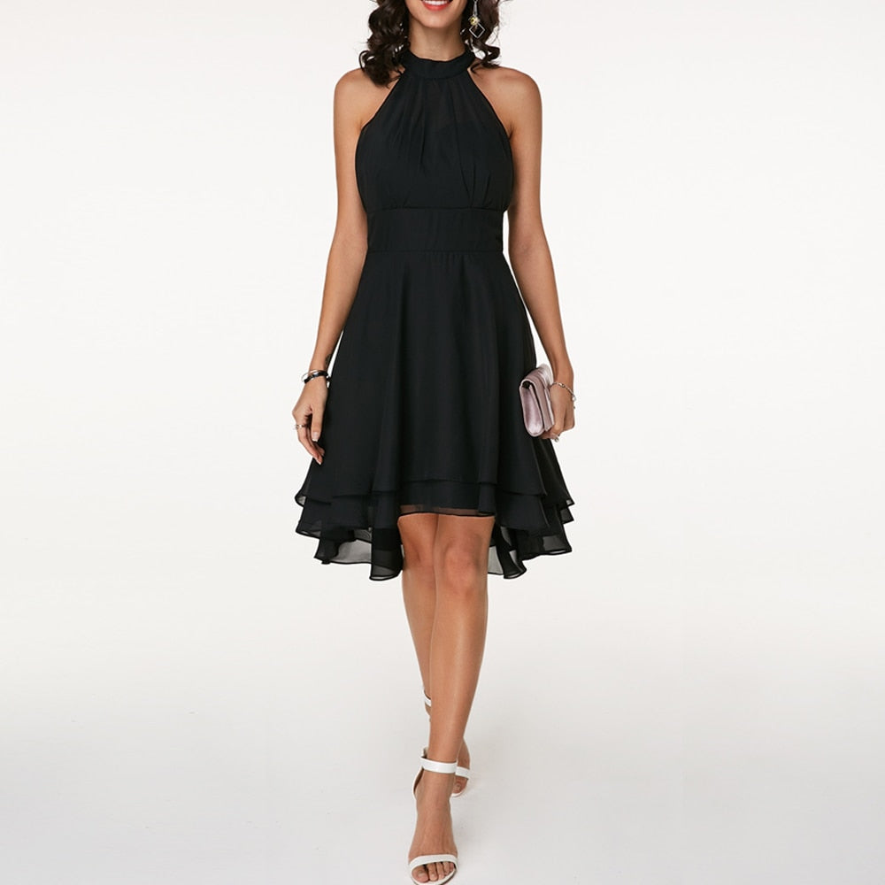 Midi-Kleid mit Rüschen | Hoher Kragen | Ärmellos | Einfarbig | Locker sitzend-Schwarz-S-Luzern Mode