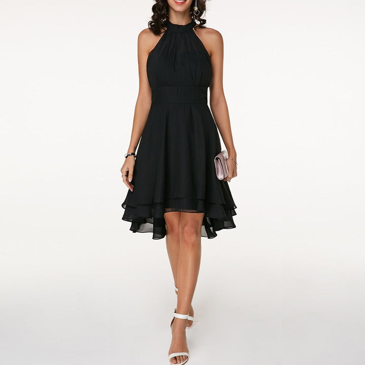 Midi-Kleid mit Rüschen | Hoher Kragen | Ärmellos | Einfarbig | Locker sitzend-Schwarz-S-Luzern Mode