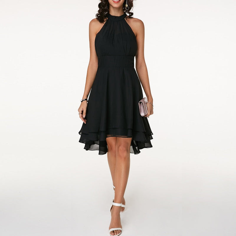 Midi-Kleid mit Rüschen | Hoher Kragen | Ärmellos | Einfarbig | Locker sitzend-Schwarz-S-Luzern Mode
