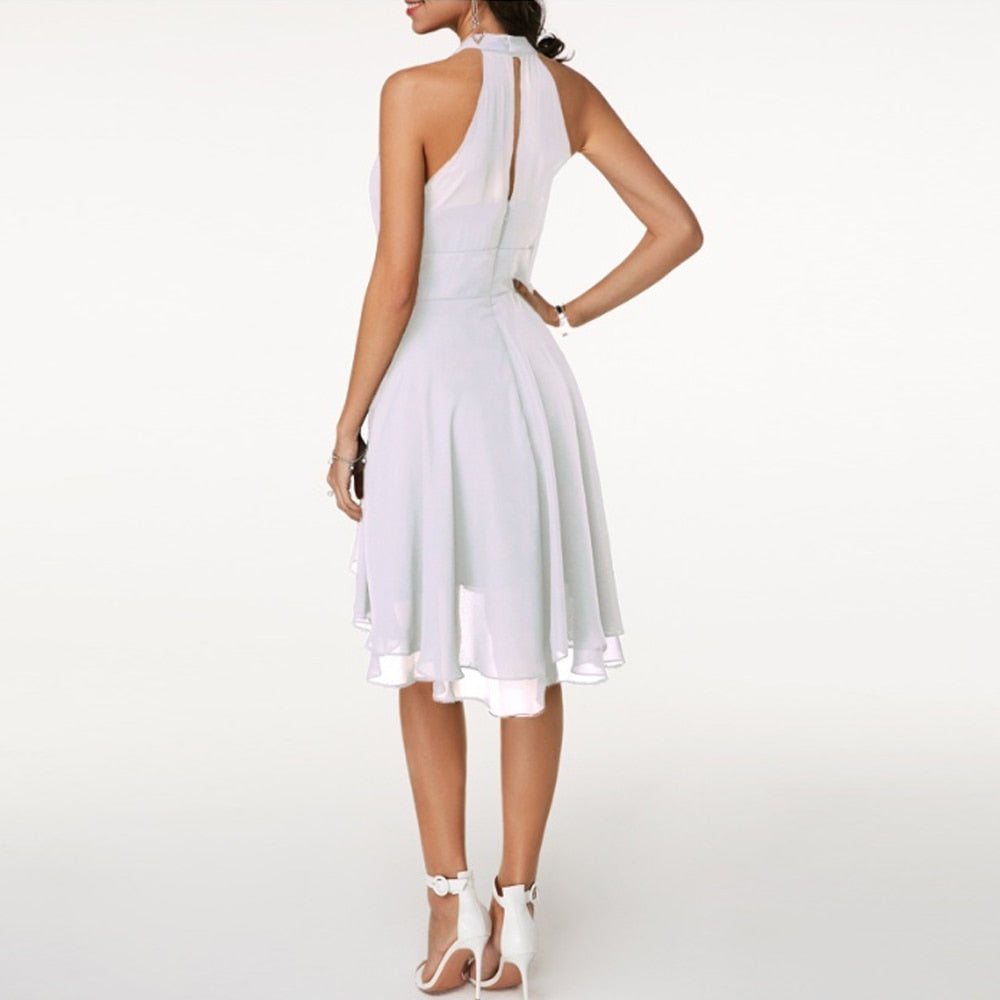 Midi-Kleid mit Rüschen | Hoher Kragen | Ärmellos | Einfarbig | Locker sitzend-Weiß-S-Luzern Mode