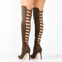 Damen Overknee Stiefel mit Absatz und Spitzem Zehendesign-Braun-34-Luzern Mode