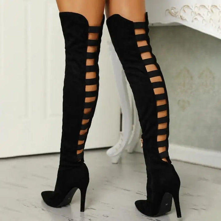 Damen Overknee Stiefel mit Absatz und Spitzem Zehendesign-Luzern Mode