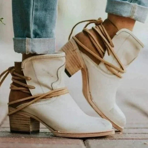 Damen Stiefeletten mit Blockabsatz und Schnürdetails-Beige-35-Luzern Mode