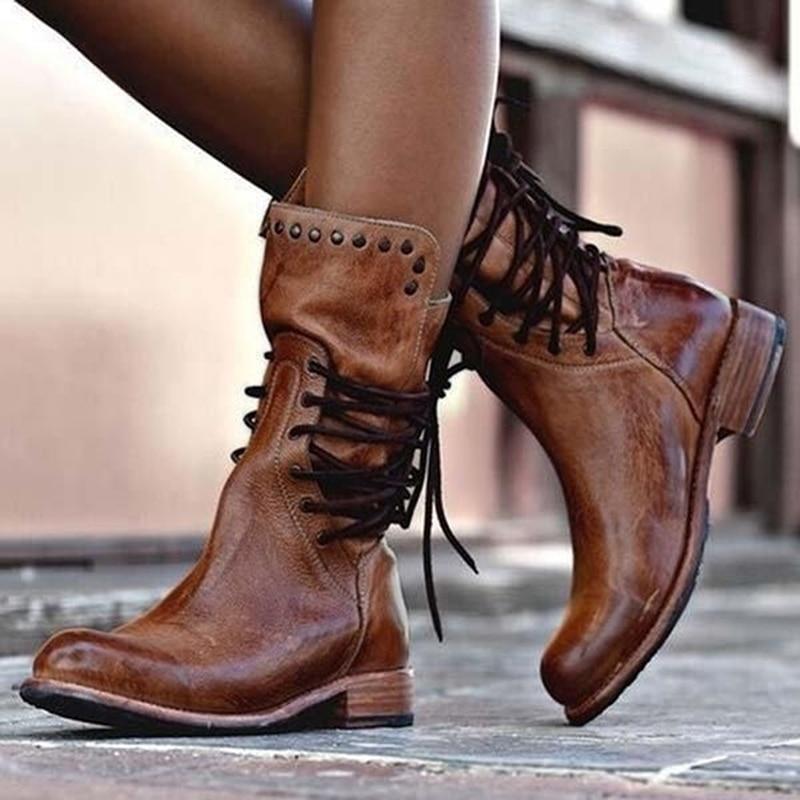 Damen Stiefeletten mit Nieten und Schnürung für Herbst/Winter-Braun-36-Luzern Mode