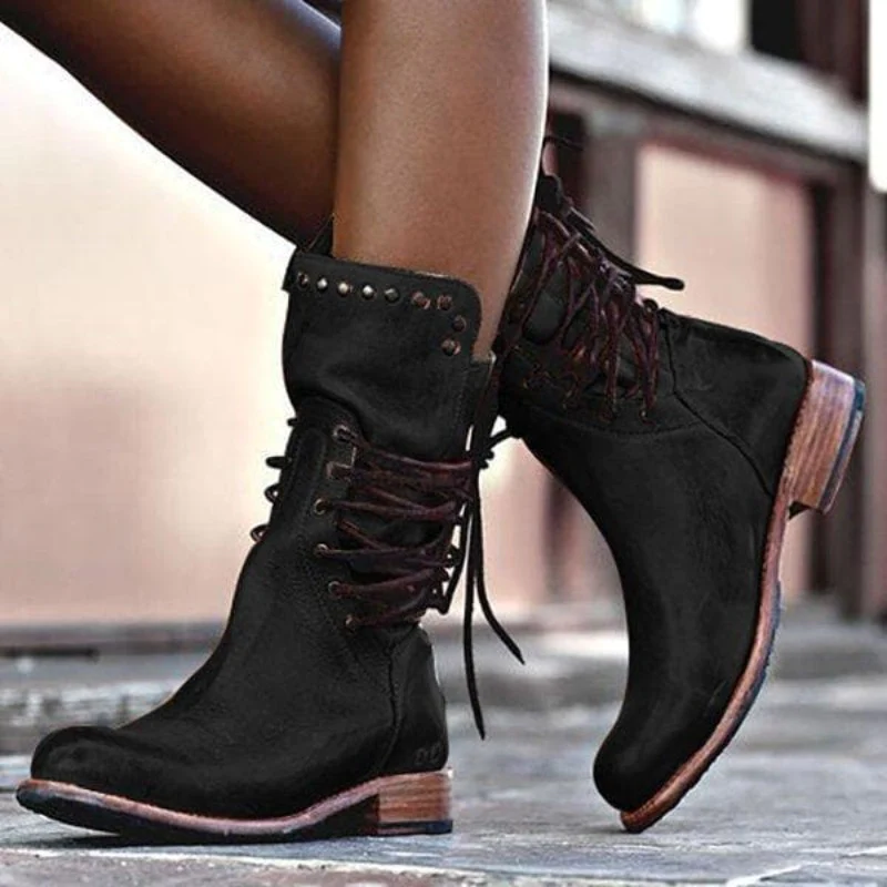 Damen Stiefeletten mit Nieten und Schnürung für Herbst/Winter-Schwarz-36-Luzern Mode