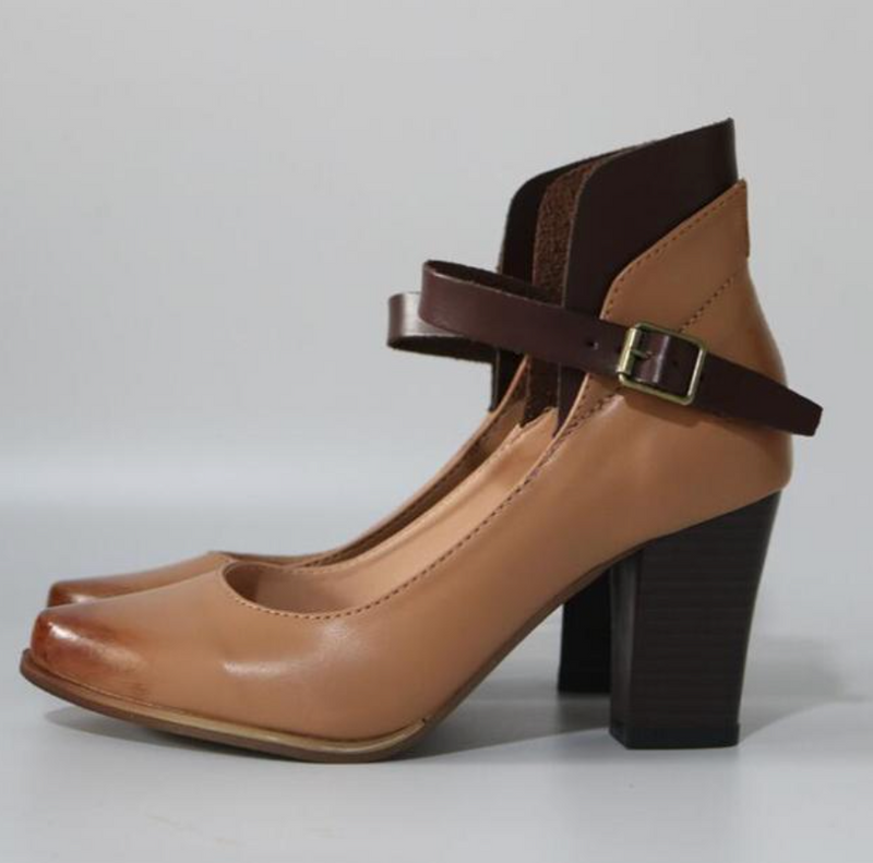 Mary Jane Pumps | Knöchelriemen Schnalle | Absatz | Verstellbar | Veganleder-Braun-35-Luzern Mode