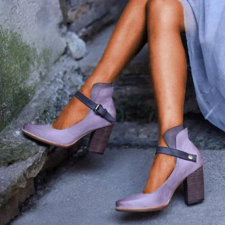 Mary Jane Pumps | Knöchelriemen Schnalle | Absatz | Verstellbar | Veganleder-Lila-35-Luzern Mode