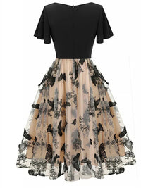 Midikleid Damen Schwarz | Mesh mit Stickerei | Party | Sommer | A-Linie-Luzern Mode