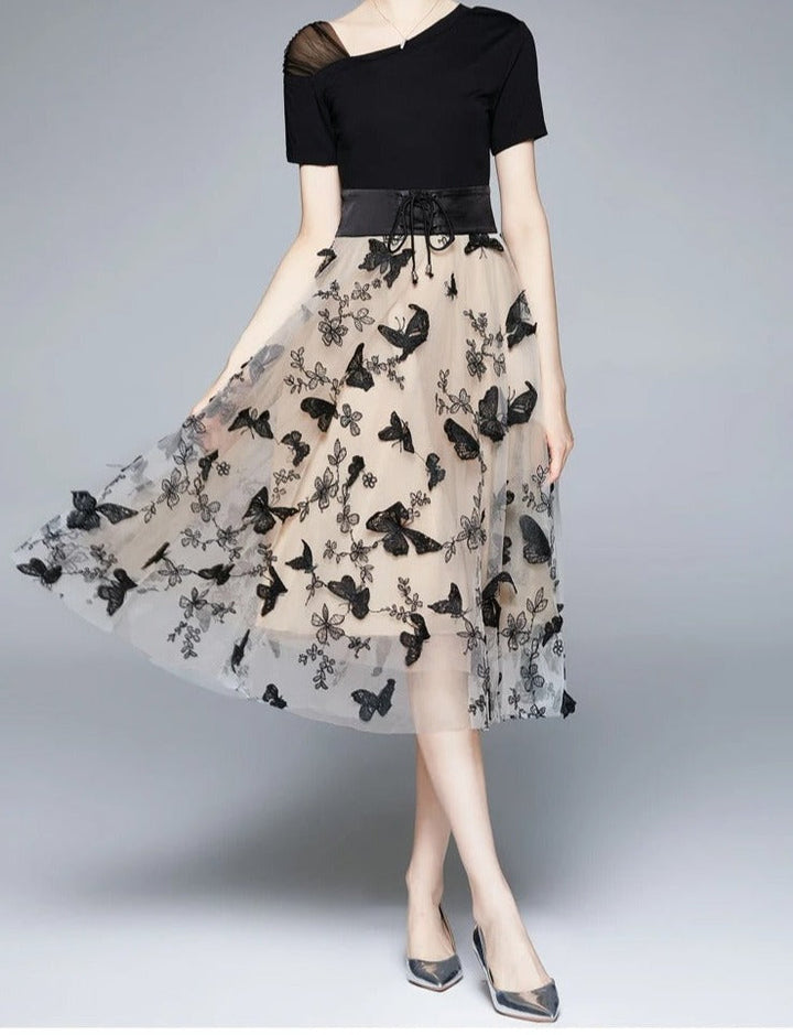 Midikleid Damen Schwarz | Mesh mit Stickerei | Party | Sommer | A-Linie-Luzern Mode