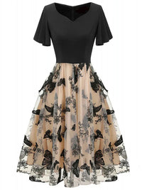 Midikleid Damen Schwarz | Mesh mit Stickerei | Party | Sommer | A-Linie-Luzern Mode