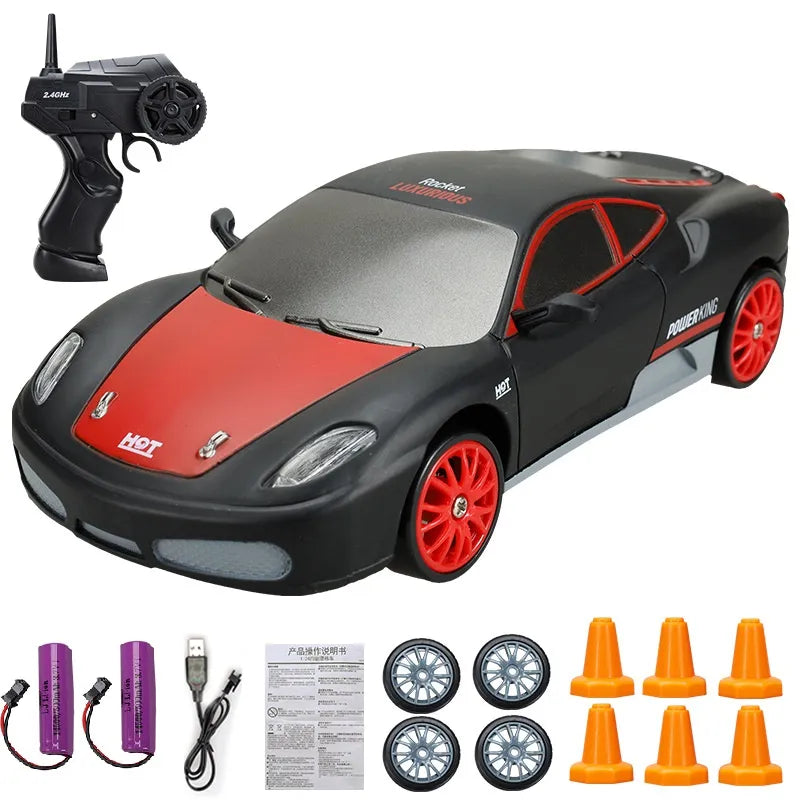 Mini Drift Auto | Wiederaufladbar Langlebiger Rennwagen mit Fernbedienung-Ferrari 360 Modena Schwarz/Rot 2x Batterie-Luzern Mode