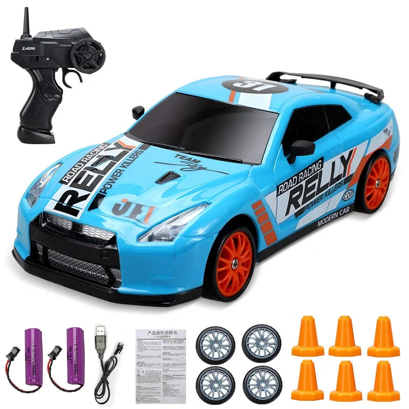 Mini Drift Auto | Wiederaufladbar Langlebiger Rennwagen mit Fernbedienung-Nissan GTR Blau 2x Batterie-Luzern Mode