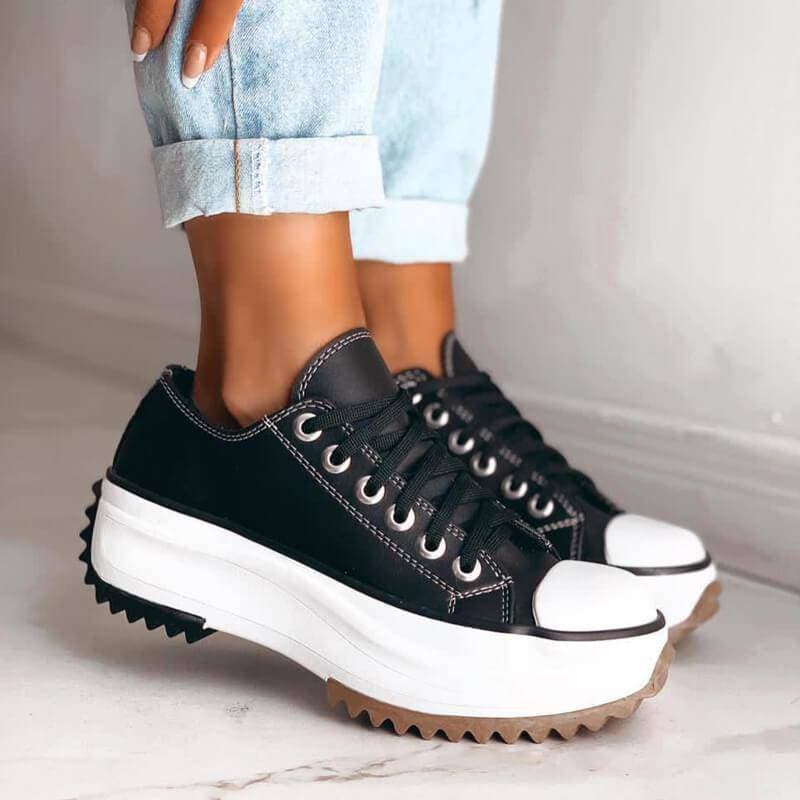 Damen Plateau Sneaker mit Keilabsatz und Schnürung-Schwarz-35-Luzern Mode