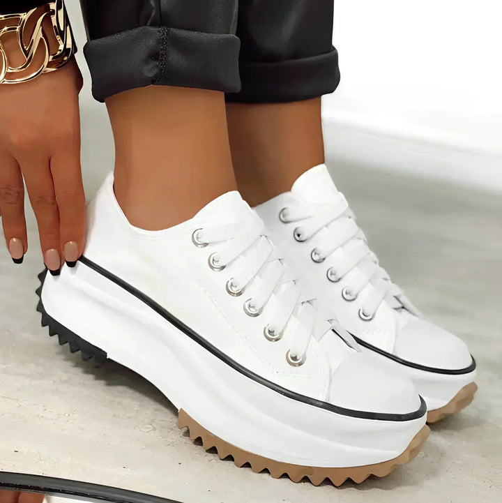 Damen Plateau Sneaker mit Keilabsatz und Schnürung-Weiß-35-Luzern Mode