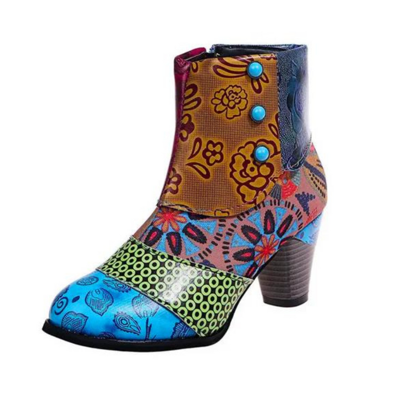 Damen Stiefelette mit Blumenmuster und Blockabsatz-Blau-36-Luzern Mode