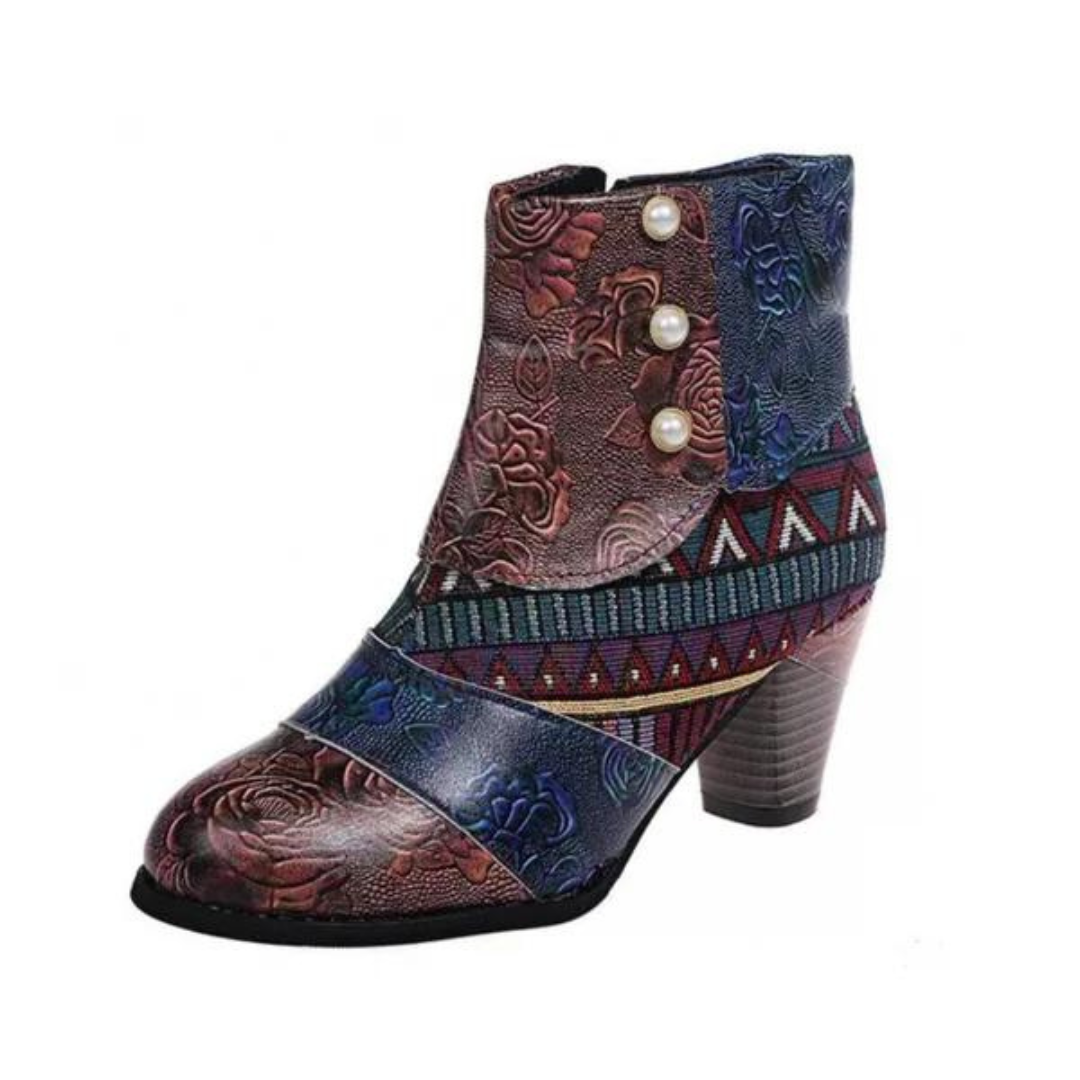 Damen Stiefelette mit Blumenmuster und Blockabsatz-Grau-36-Luzern Mode