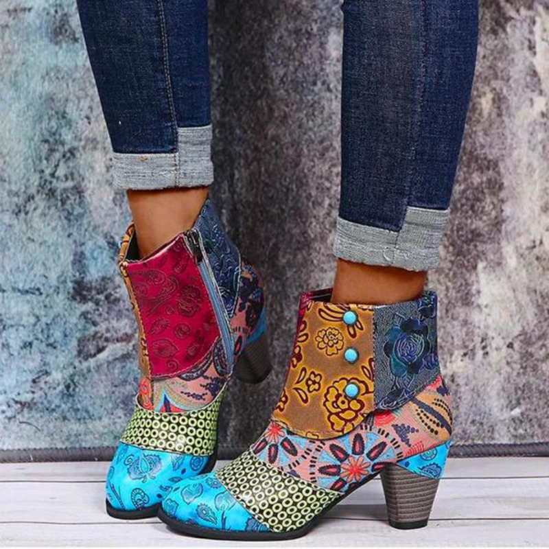 Damen Stiefelette mit Blumenmuster und Blockabsatz-Luzern Mode