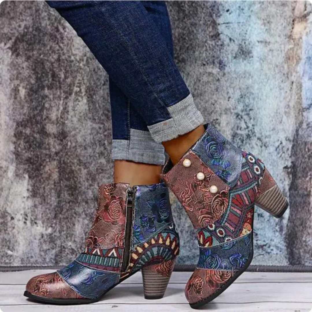 Damen Stiefelette mit Blumenmuster und Blockabsatz-Luzern Mode